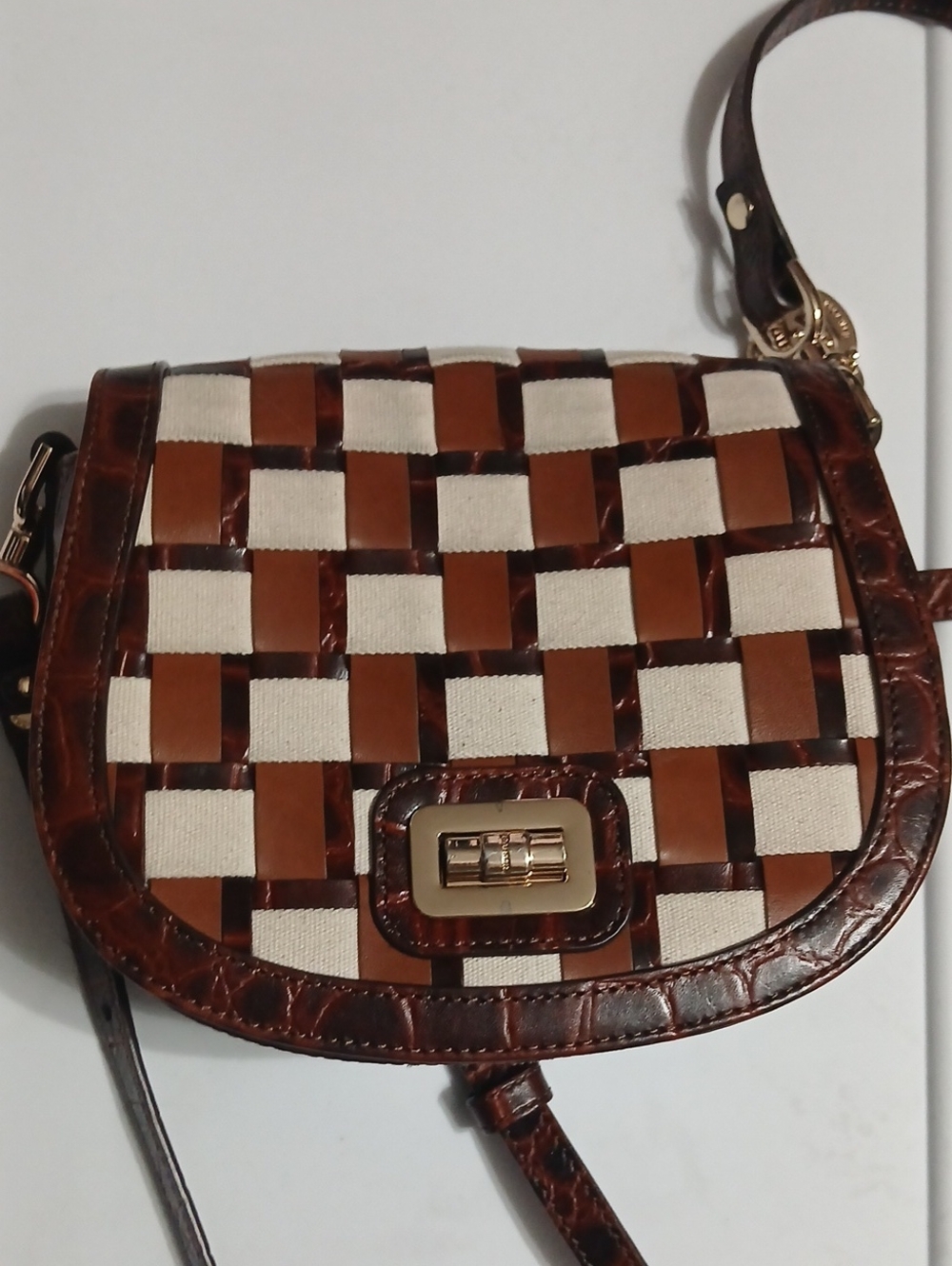 Brahmin Brown and White Woven Crossbody